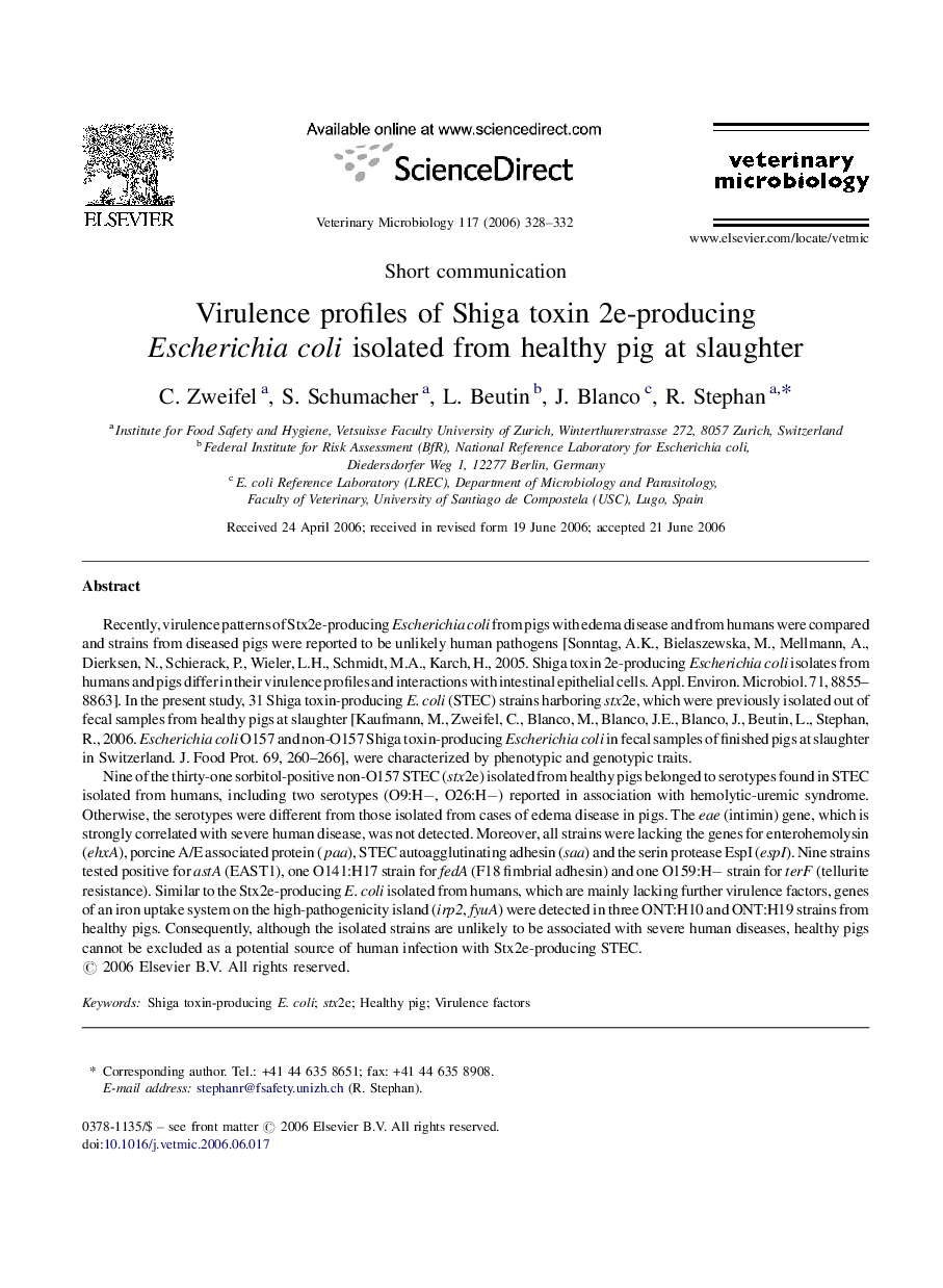 Virulence profiles of Shiga toxin 2e-producing Escherichia coli isolated from healthy pig at slaughter