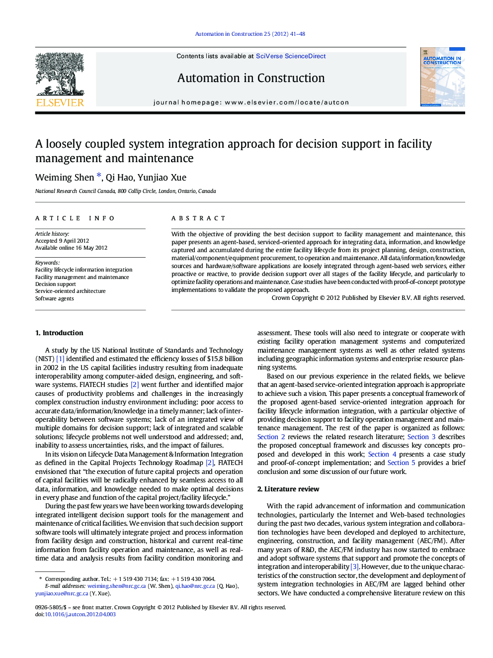 A loosely coupled system integration approach for decision support in facility management and maintenance