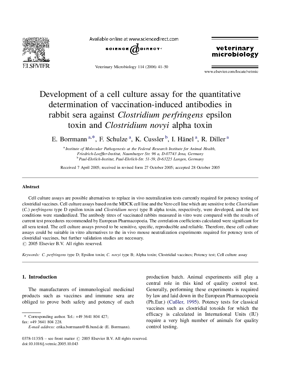 Development of a cell culture assay for the quantitative determination of vaccination-induced antibodies in rabbit sera against Clostridium perfringens epsilon toxin and Clostridium novyi alpha toxin