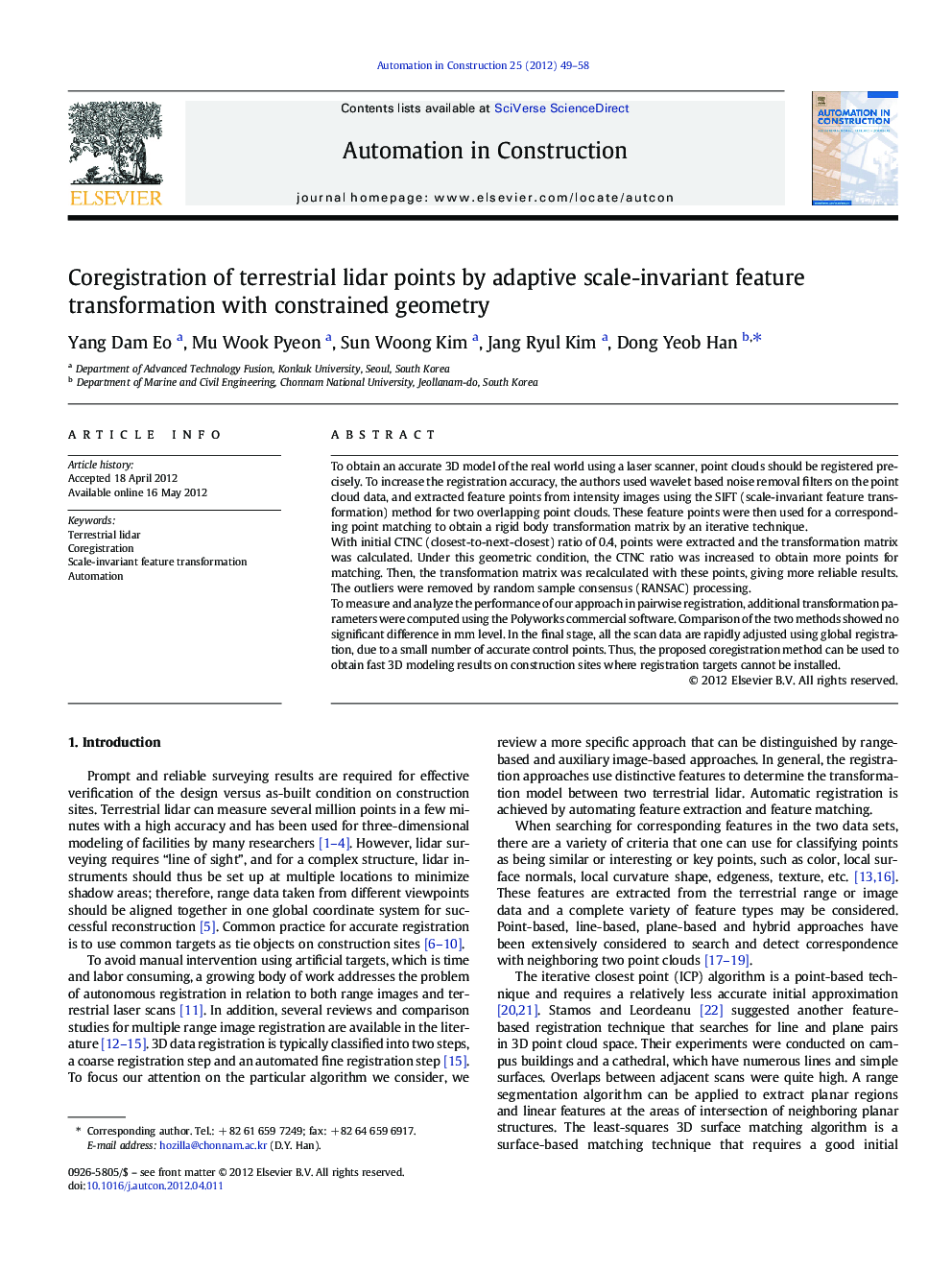 Coregistration of terrestrial lidar points by adaptive scale-invariant feature transformation with constrained geometry