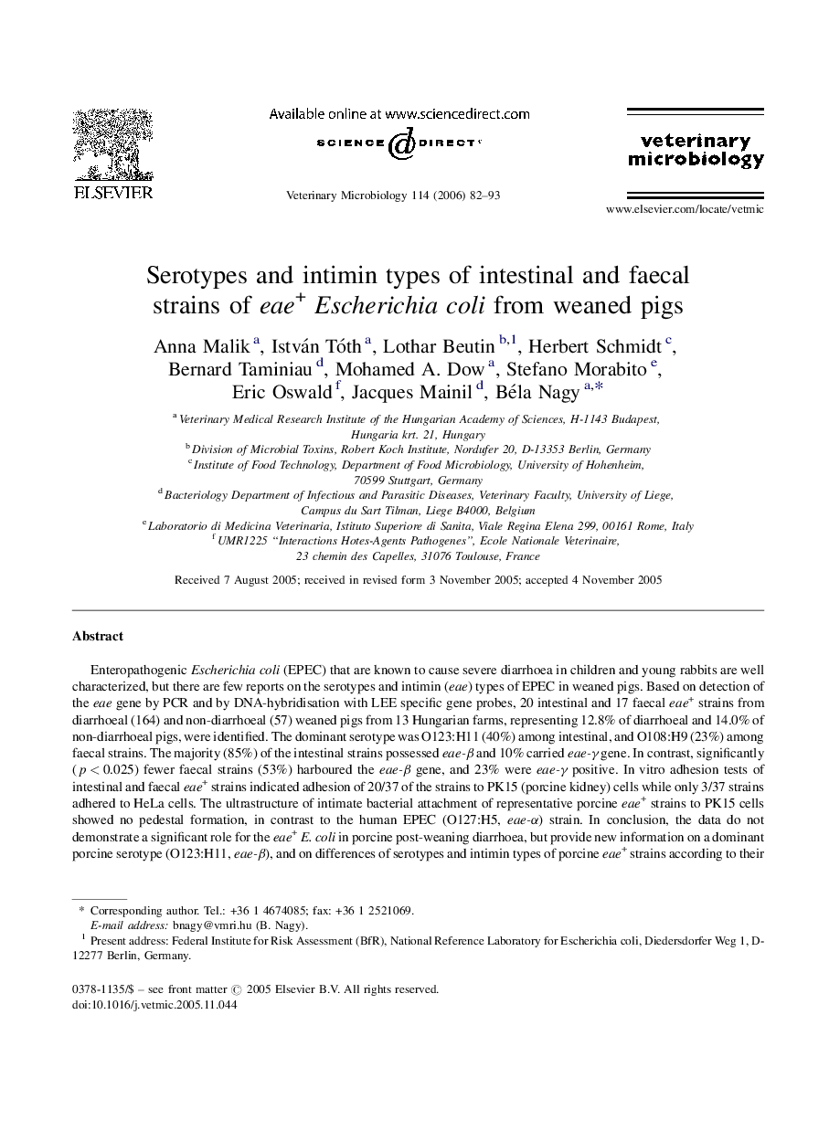 Serotypes and intimin types of intestinal and faecal strains of eae+Escherichia coli from weaned pigs