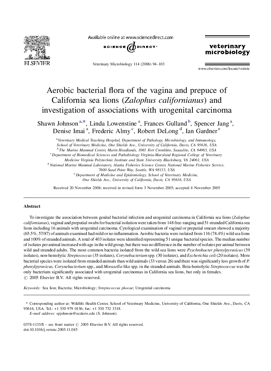 Aerobic bacterial flora of the vagina and prepuce of California sea lions (Zalophus californianus) and investigation of associations with urogenital carcinoma