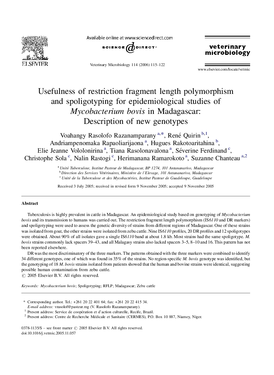 Usefulness of restriction fragment length polymorphism and spoligotyping for epidemiological studies of Mycobacterium bovis in Madagascar: Description of new genotypes