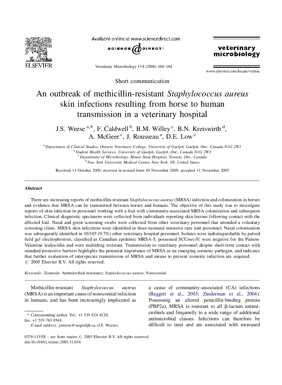 An outbreak of methicillin-resistant Staphylococcus aureus skin infections resulting from horse to human transmission in a veterinary hospital