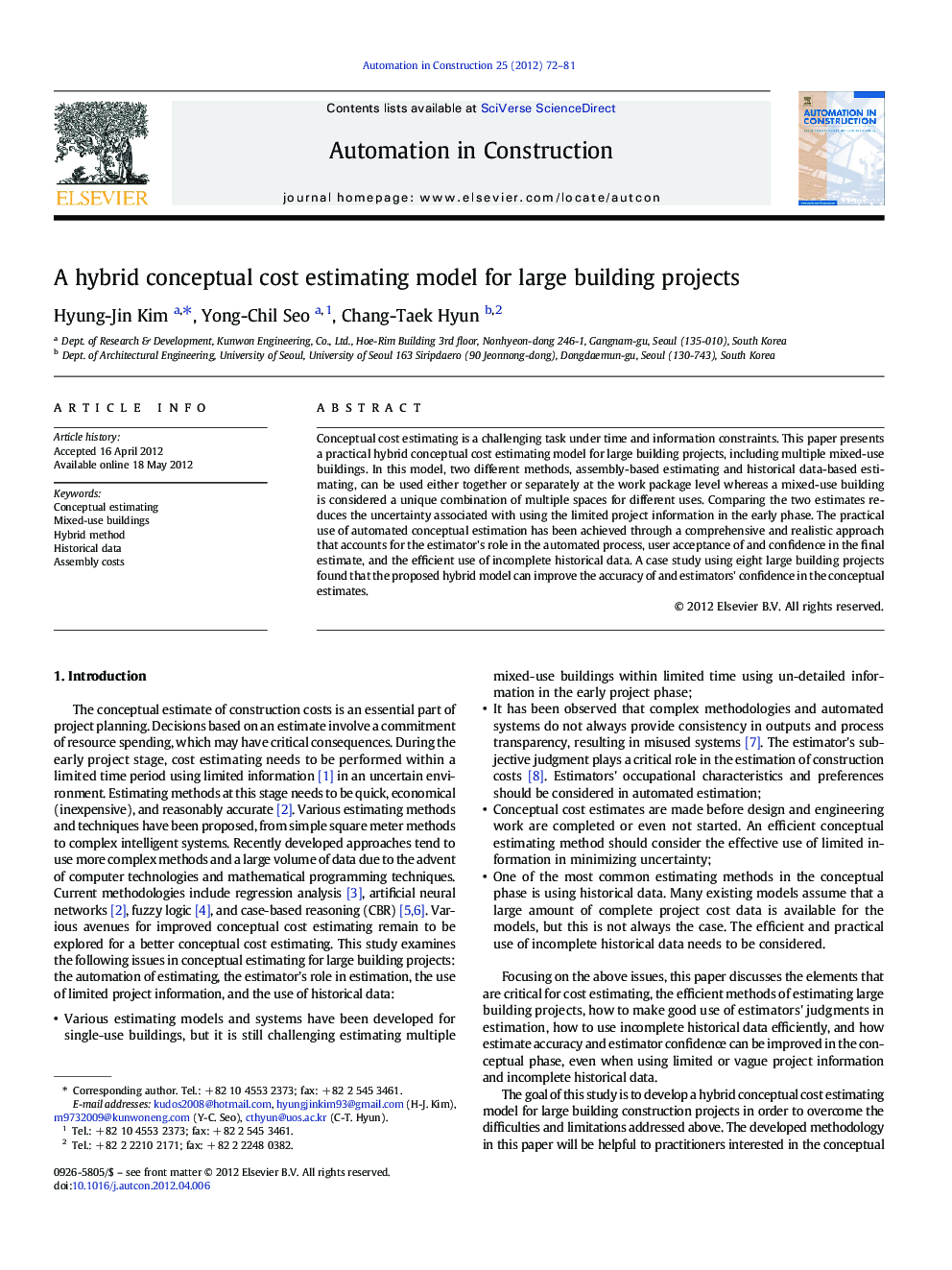 A hybrid conceptual cost estimating model for large building projects
