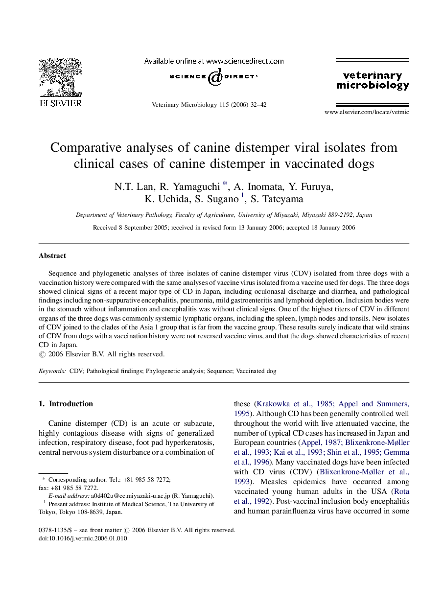 Comparative analyses of canine distemper viral isolates from clinical cases of canine distemper in vaccinated dogs