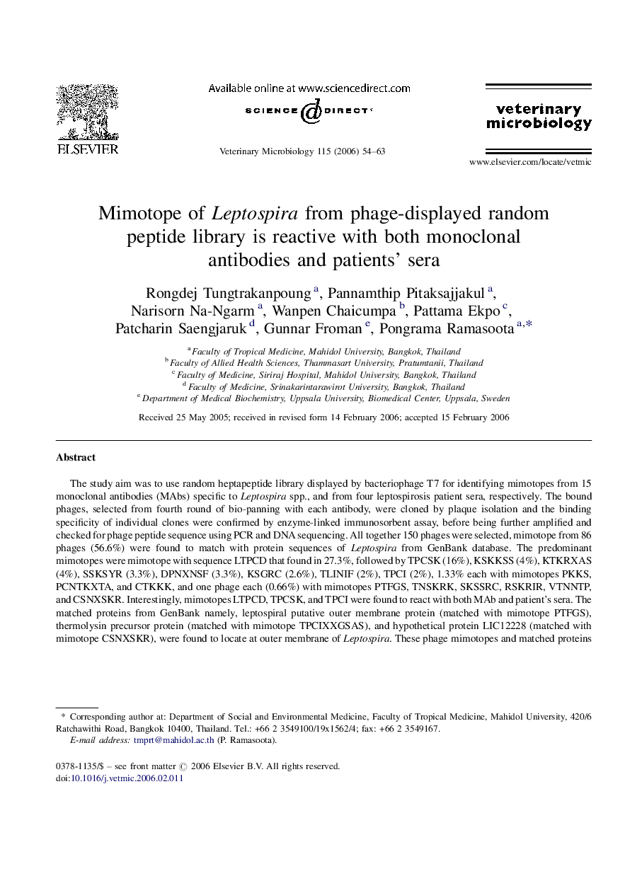 Mimotope of Leptospira from phage-displayed random peptide library is reactive with both monoclonal antibodies and patients’ sera