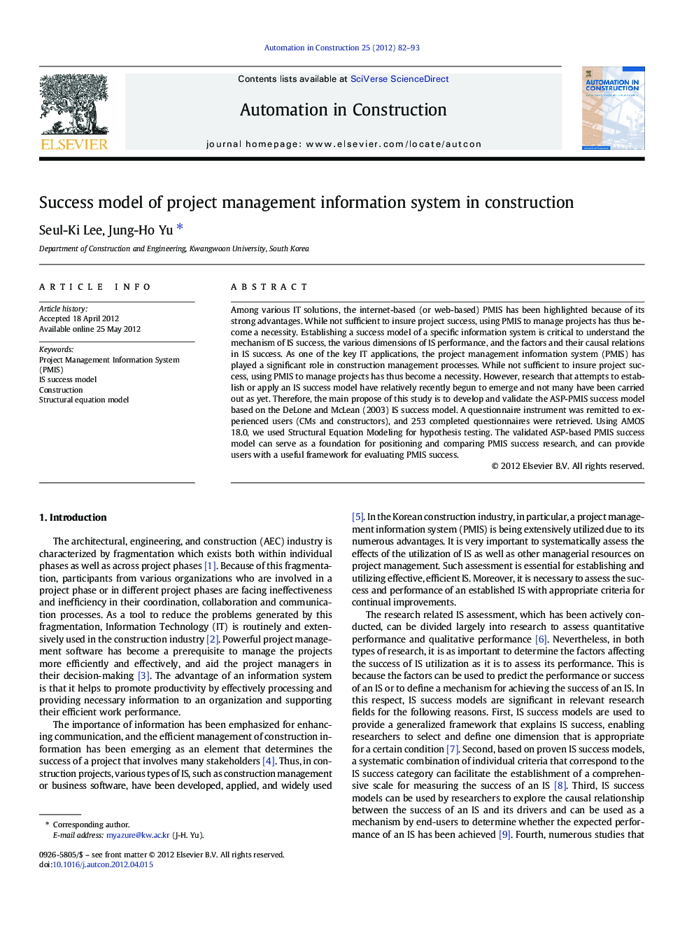 Success model of project management information system in construction