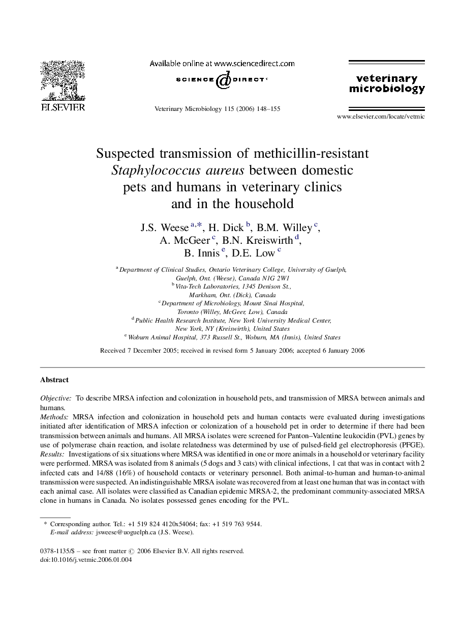 Suspected transmission of methicillin-resistant Staphylococcus aureus between domestic pets and humans in veterinary clinics and in the household