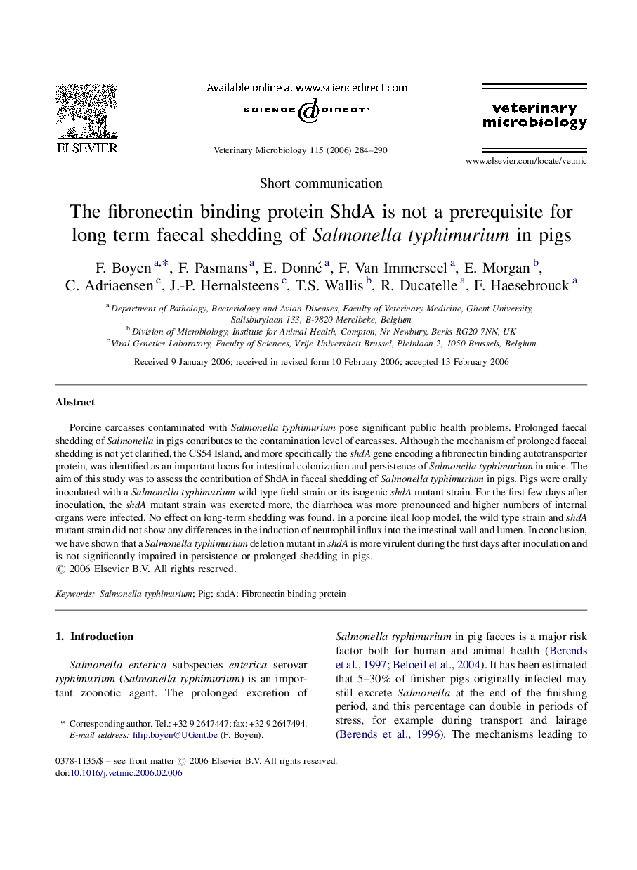 The fibronectin binding protein ShdA is not a prerequisite for long term faecal shedding of Salmonella typhimurium in pigs