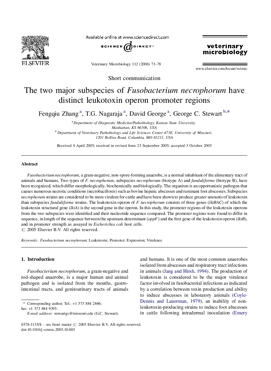 The two major subspecies of Fusobacterium necrophorum have distinct leukotoxin operon promoter regions