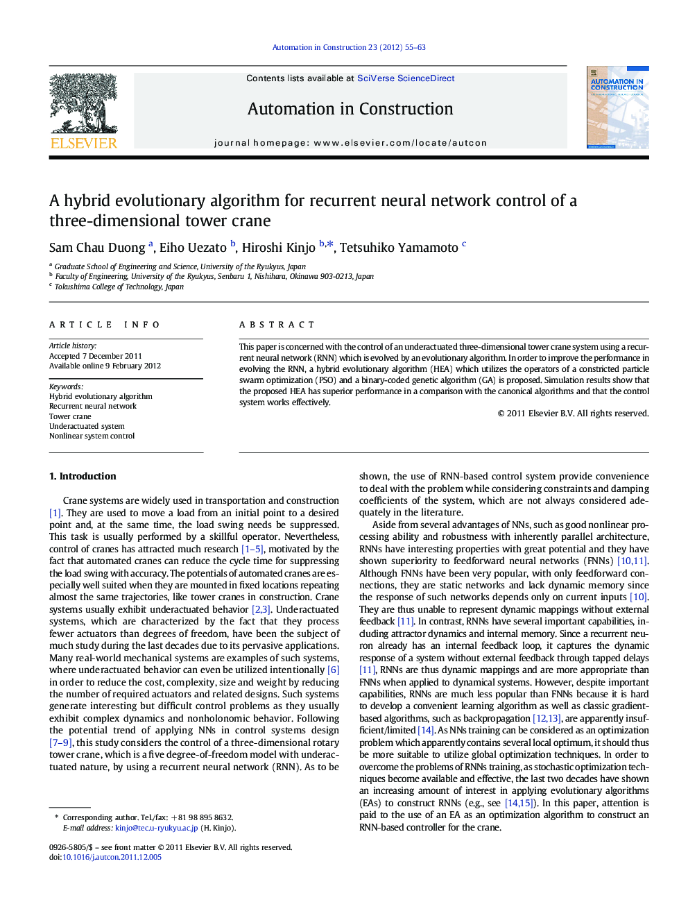 A hybrid evolutionary algorithm for recurrent neural network control of a three-dimensional tower crane