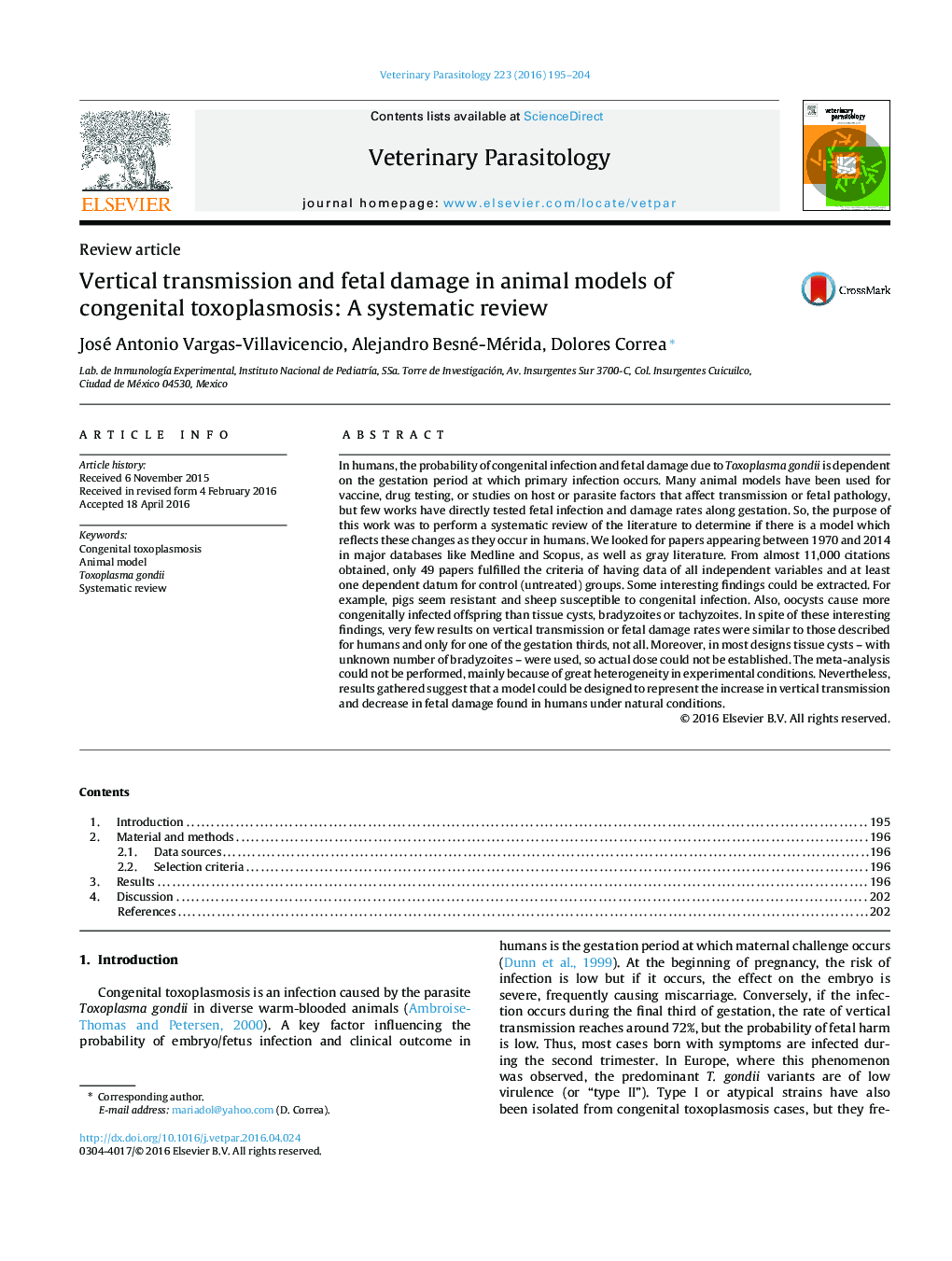 Vertical transmission and fetal damage in animal models of congenital toxoplasmosis: A systematic review