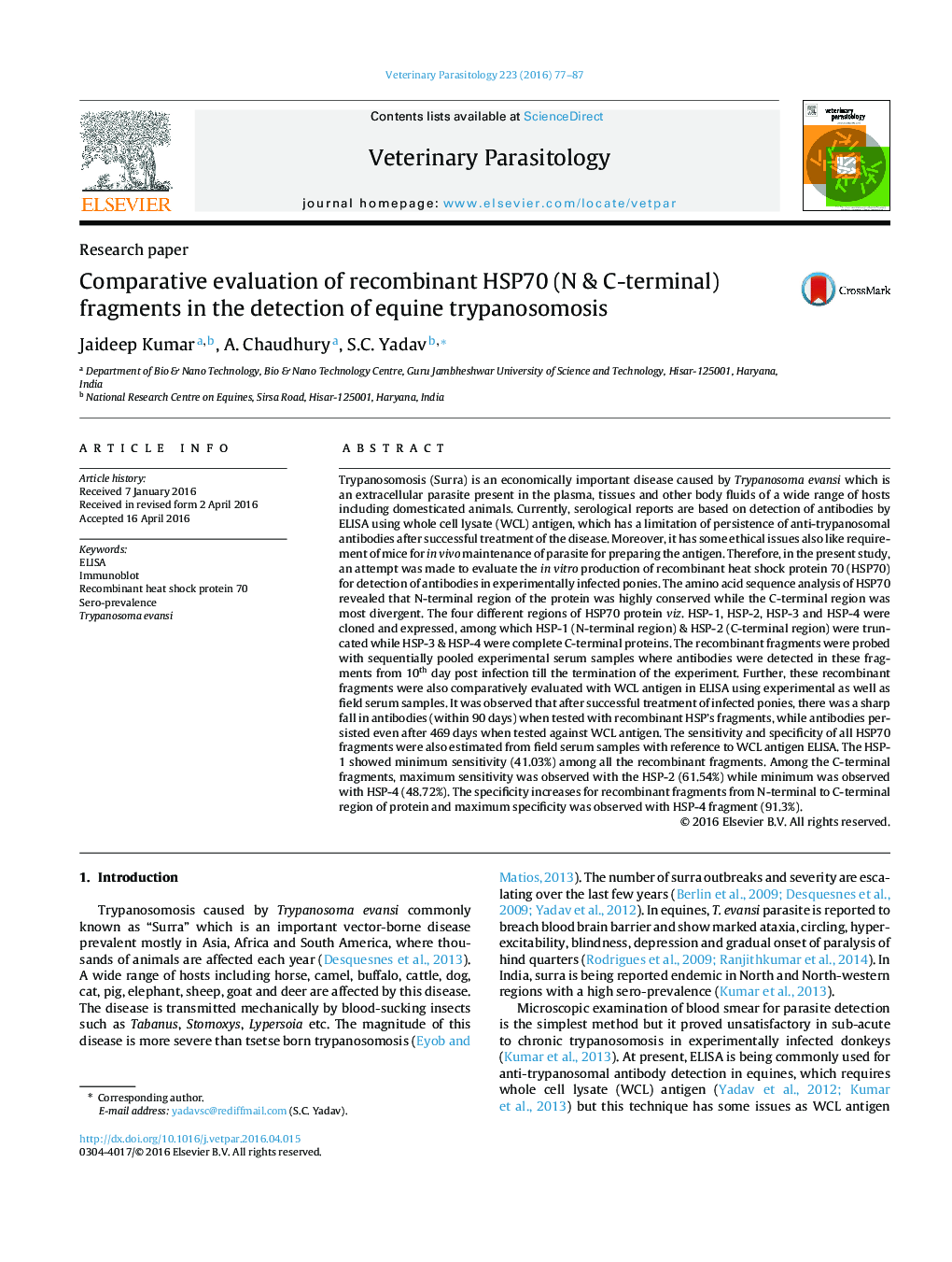 Comparative evaluation of recombinant HSP70 (N & C-terminal) fragments in the detection of equine trypanosomosis