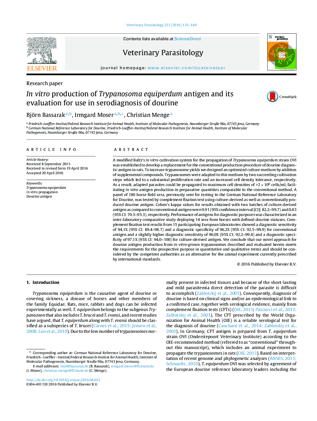 In vitro production of Trypanosoma equiperdum antigen and its evaluation for use in serodiagnosis of dourine