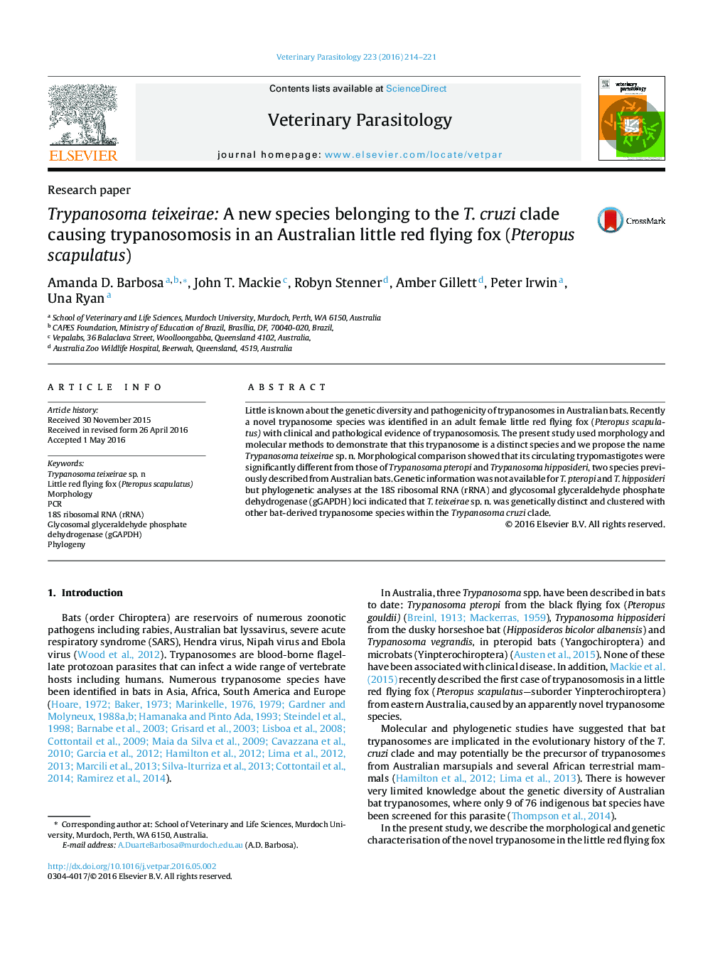 Trypanosoma teixeirae: A new species belonging to the T. cruzi clade causing trypanosomosis in an Australian little red flying fox (Pteropus scapulatus)