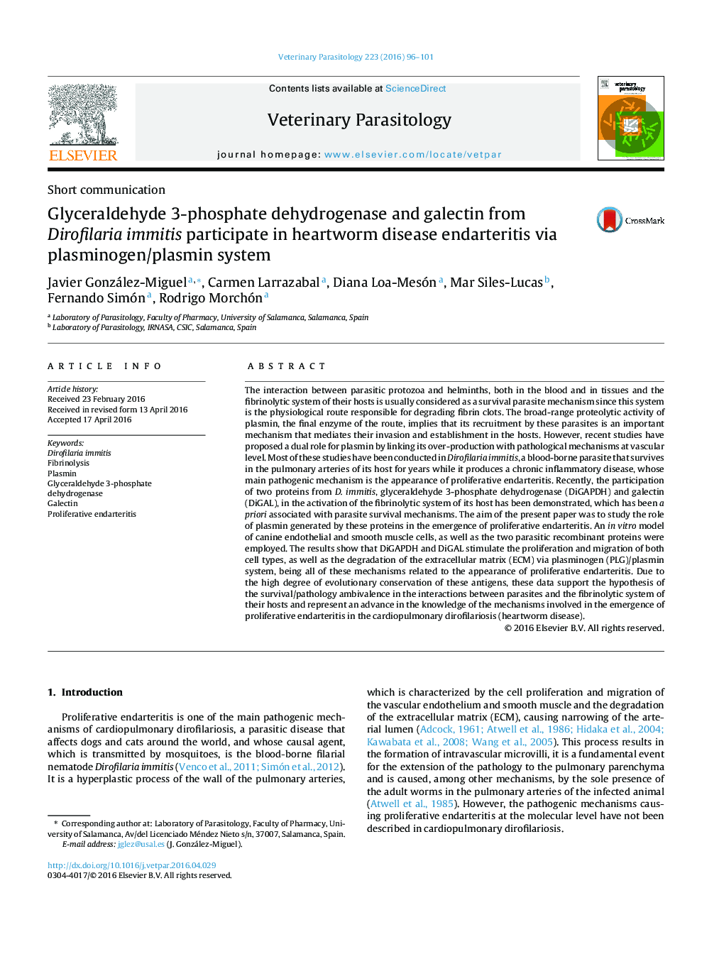Glyceraldehyde 3-phosphate dehydrogenase and galectin from Dirofilaria immitis participate in heartworm disease endarteritis via plasminogen/plasmin system