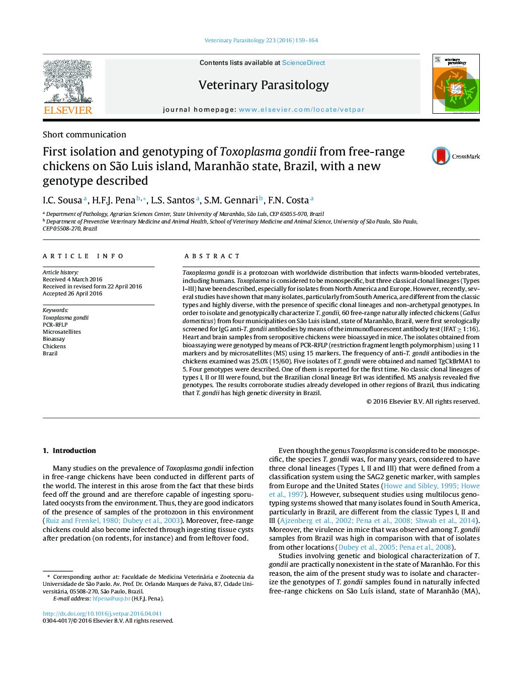 First isolation and genotyping of Toxoplasma gondii from free-range chickens on São Luis island, Maranhão state, Brazil, with a new genotype described