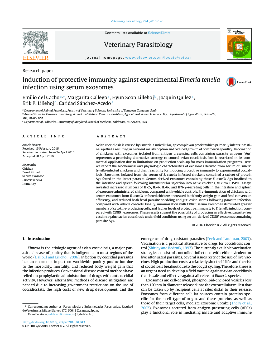 Induction of protective immunity against experimental Eimeria tenella infection using serum exosomes