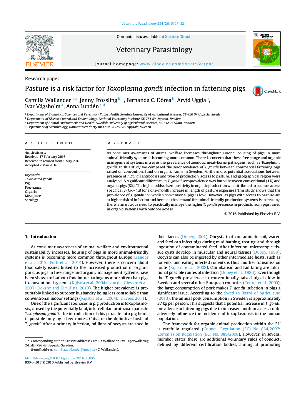 Pasture is a risk factor for Toxoplasma gondii infection in fattening pigs