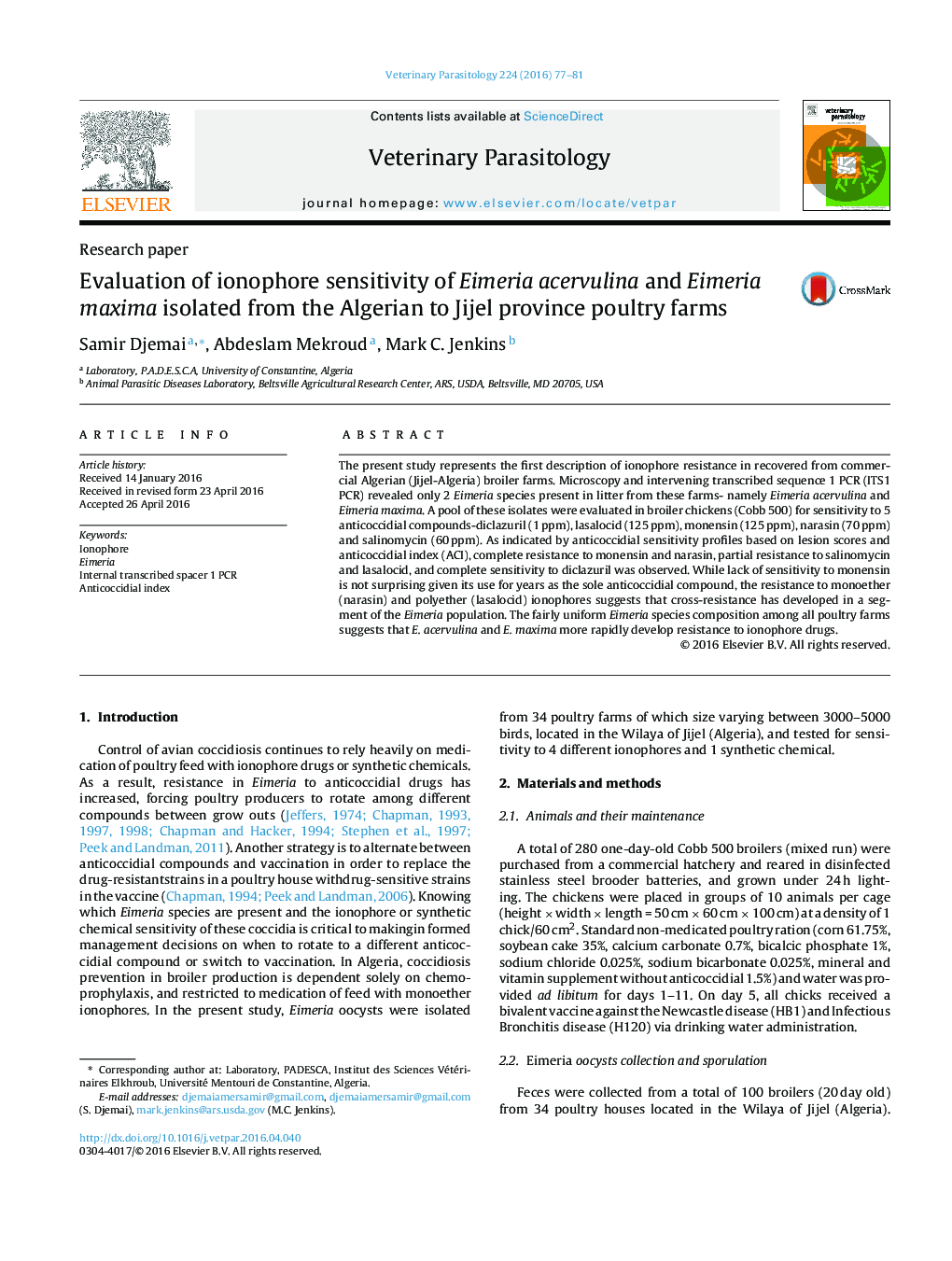 Evaluation of ionophore sensitivity of Eimeria acervulina and Eimeria maxima isolated from the Algerian to Jijel province poultry farms