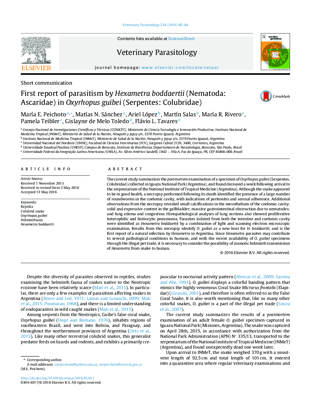 First report of parasitism by Hexametra boddaertii (Nematoda: Ascaridae) in Oxyrhopus guibei (Serpentes: Colubridae)