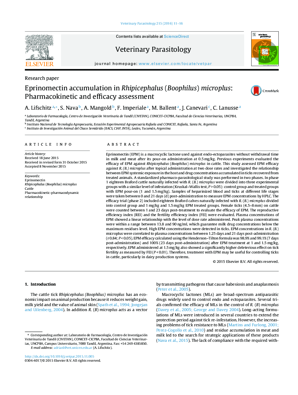 Eprinomectin accumulation in Rhipicephalus (Boophilus) microplus: Pharmacokinetic and efficacy assessment