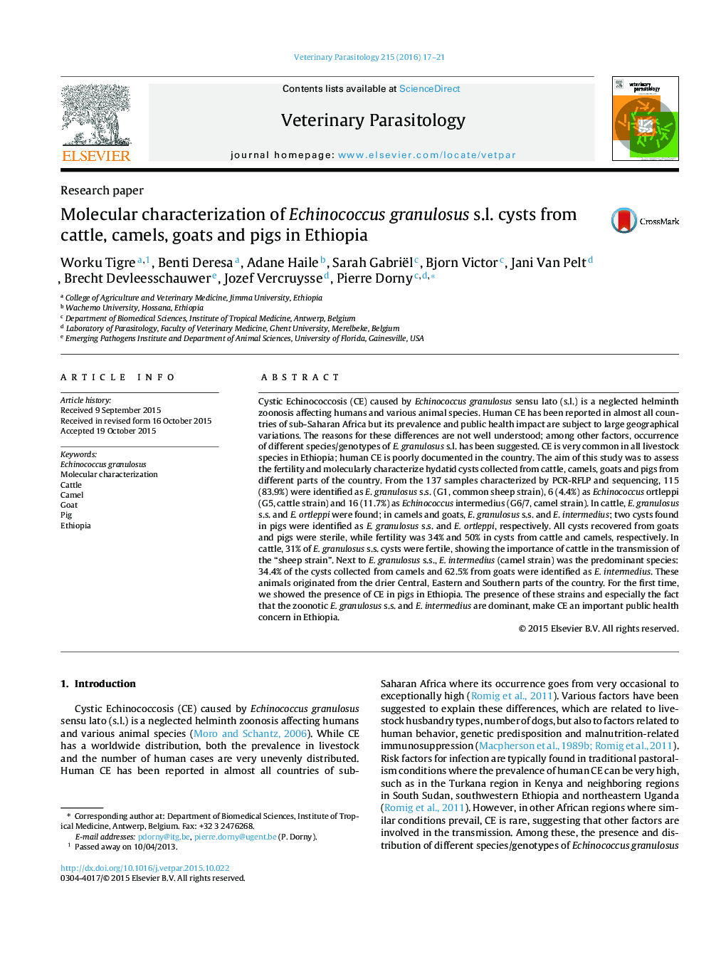 Molecular characterization of Echinococcus granulosus s.l. cysts from cattle, camels, goats and pigs in Ethiopia