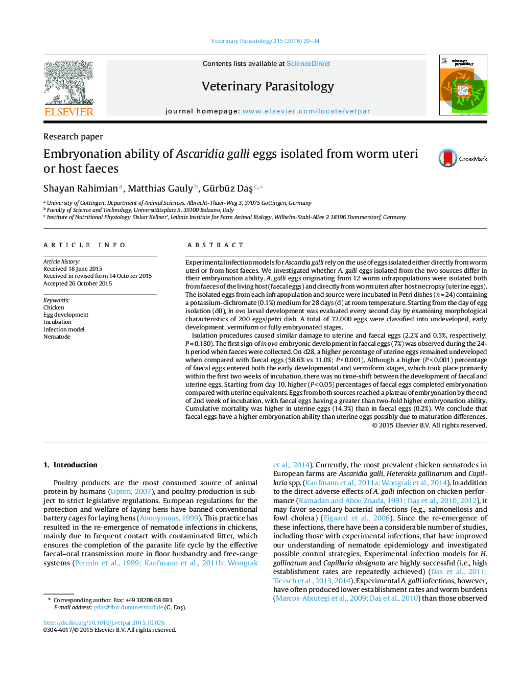 Embryonation ability of Ascaridia galli eggs isolated from worm uteri or host faeces