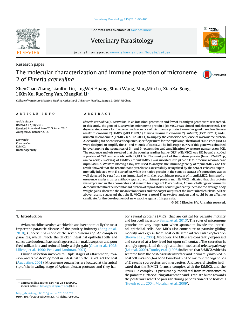 The molecular characterization and immune protection of microneme 2 of Eimeria acervulina