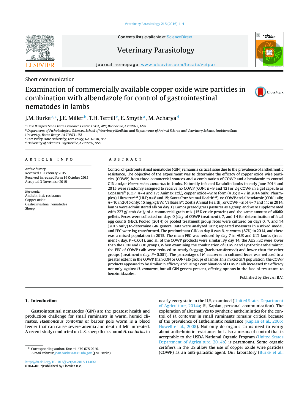 Examination of commercially available copper oxide wire particles in combination with albendazole for control of gastrointestinal nematodes in lambs