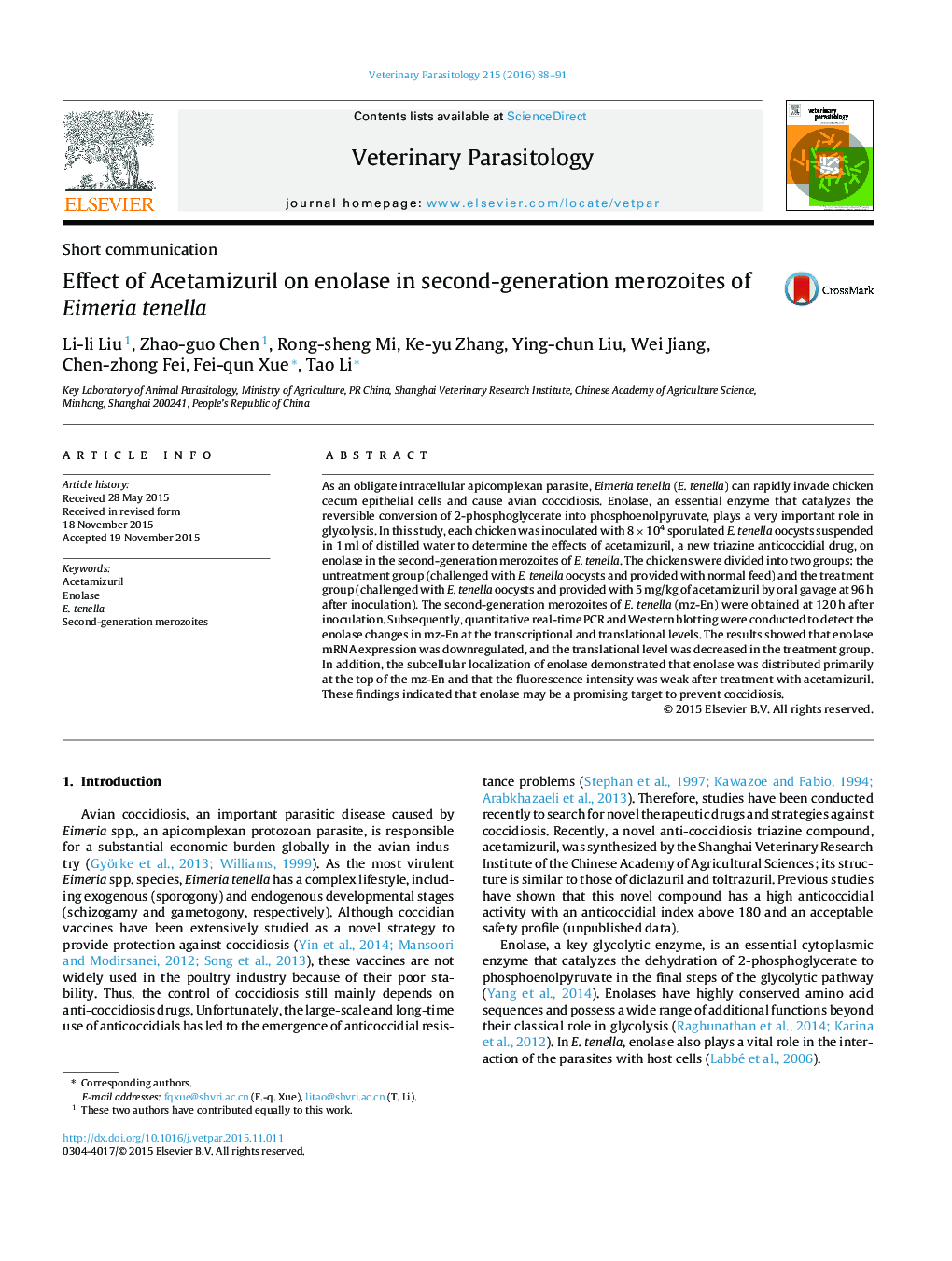 Effect of Acetamizuril on enolase in second-generation merozoites of Eimeria tenella