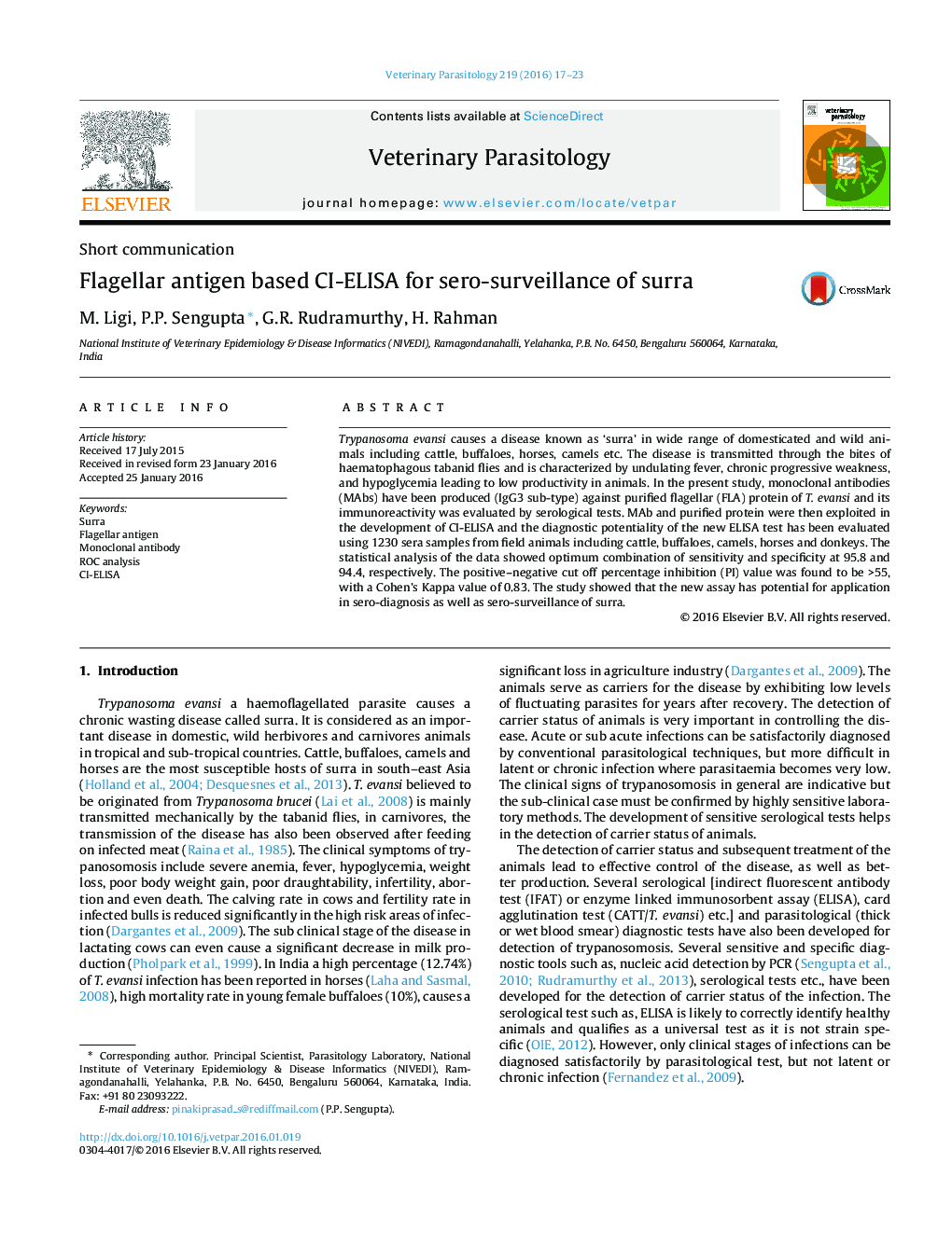 Flagellar antigen based CI-ELISA for sero-surveillance of surra