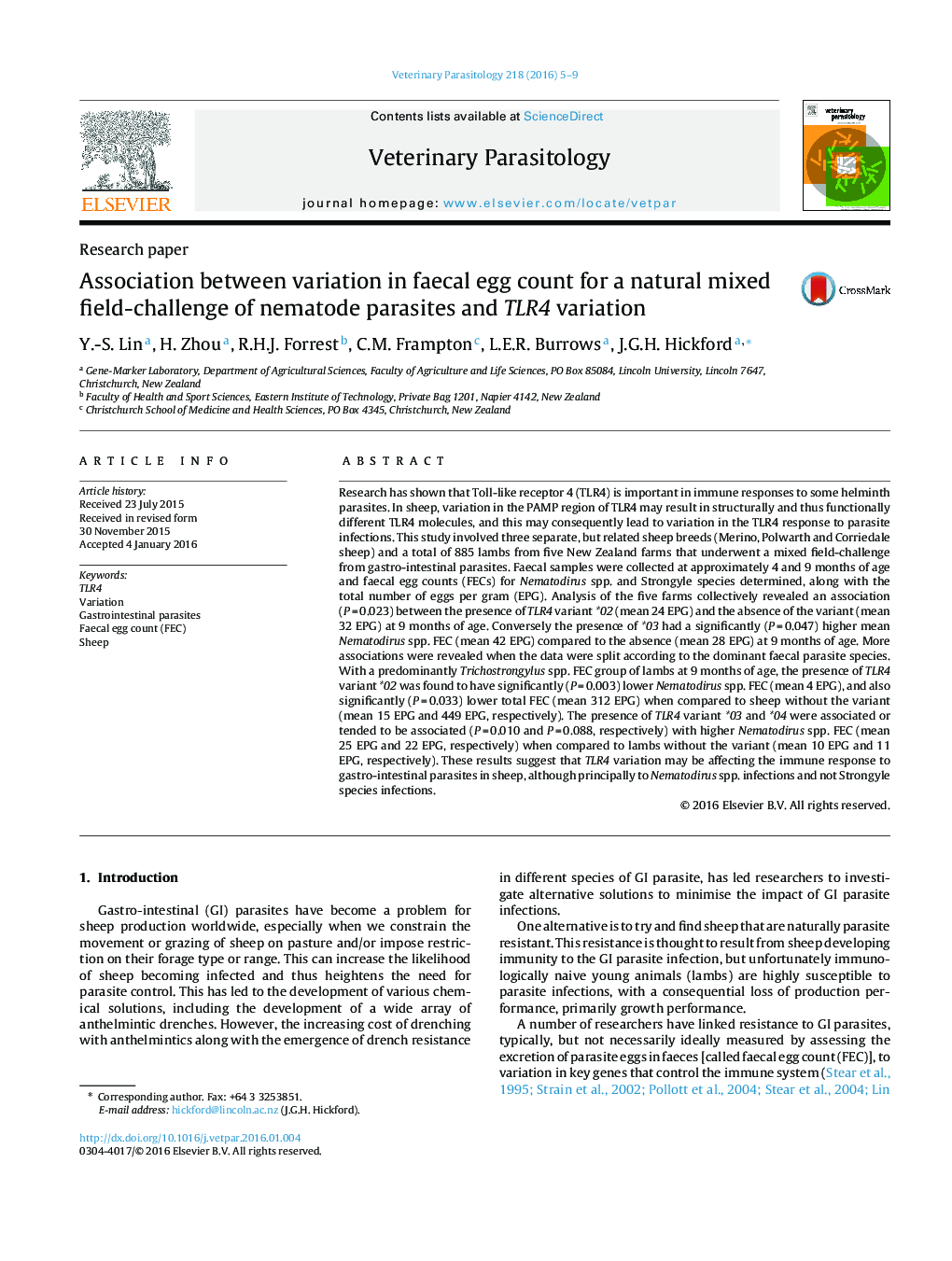 Association between variation in faecal egg count for a natural mixed field-challenge of nematode parasites and TLR4 variation