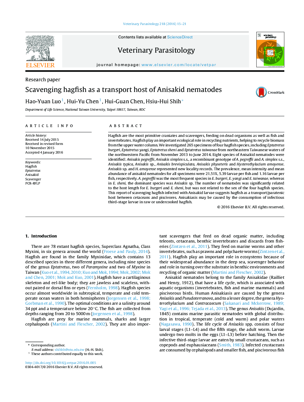 Scavenging hagfish as a transport host of Anisakid nematodes