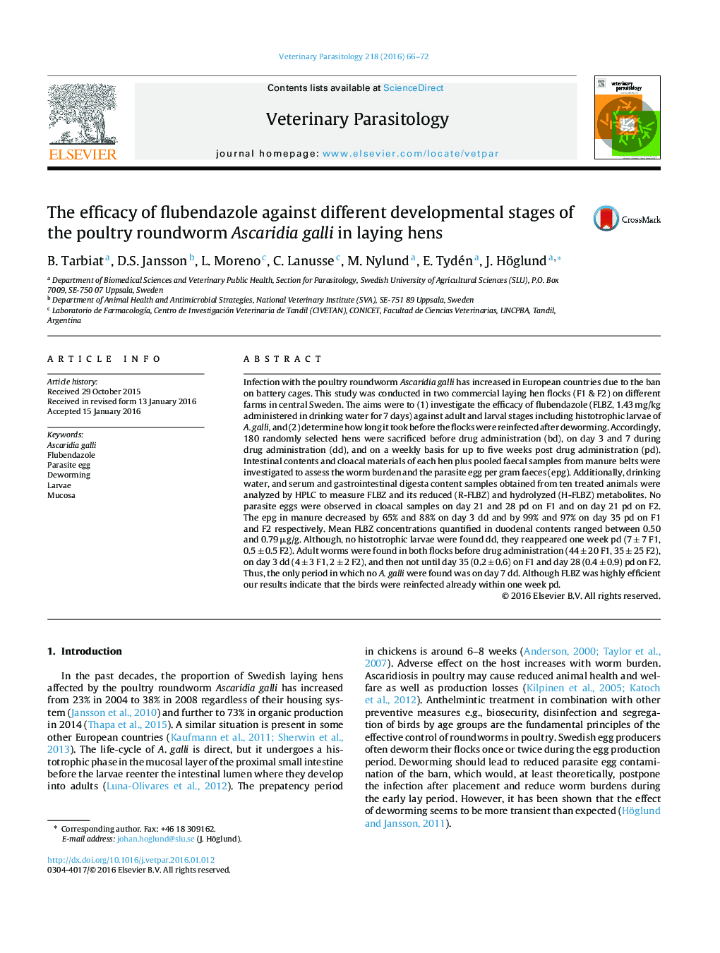 The efficacy of flubendazole against different developmental stages of the poultry roundworm Ascaridia galli in laying hens