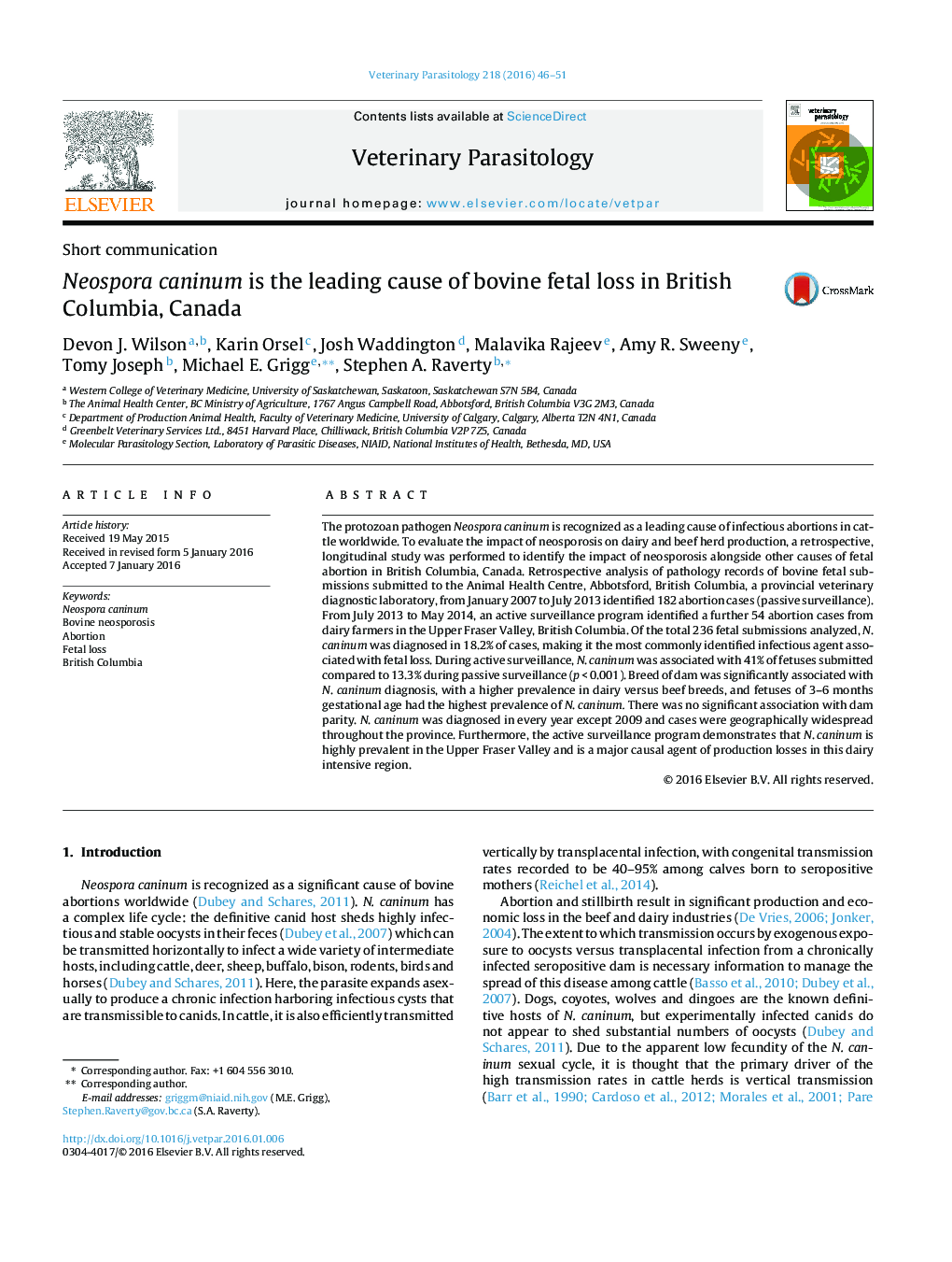 Neospora caninum is the leading cause of bovine fetal loss in British Columbia, Canada