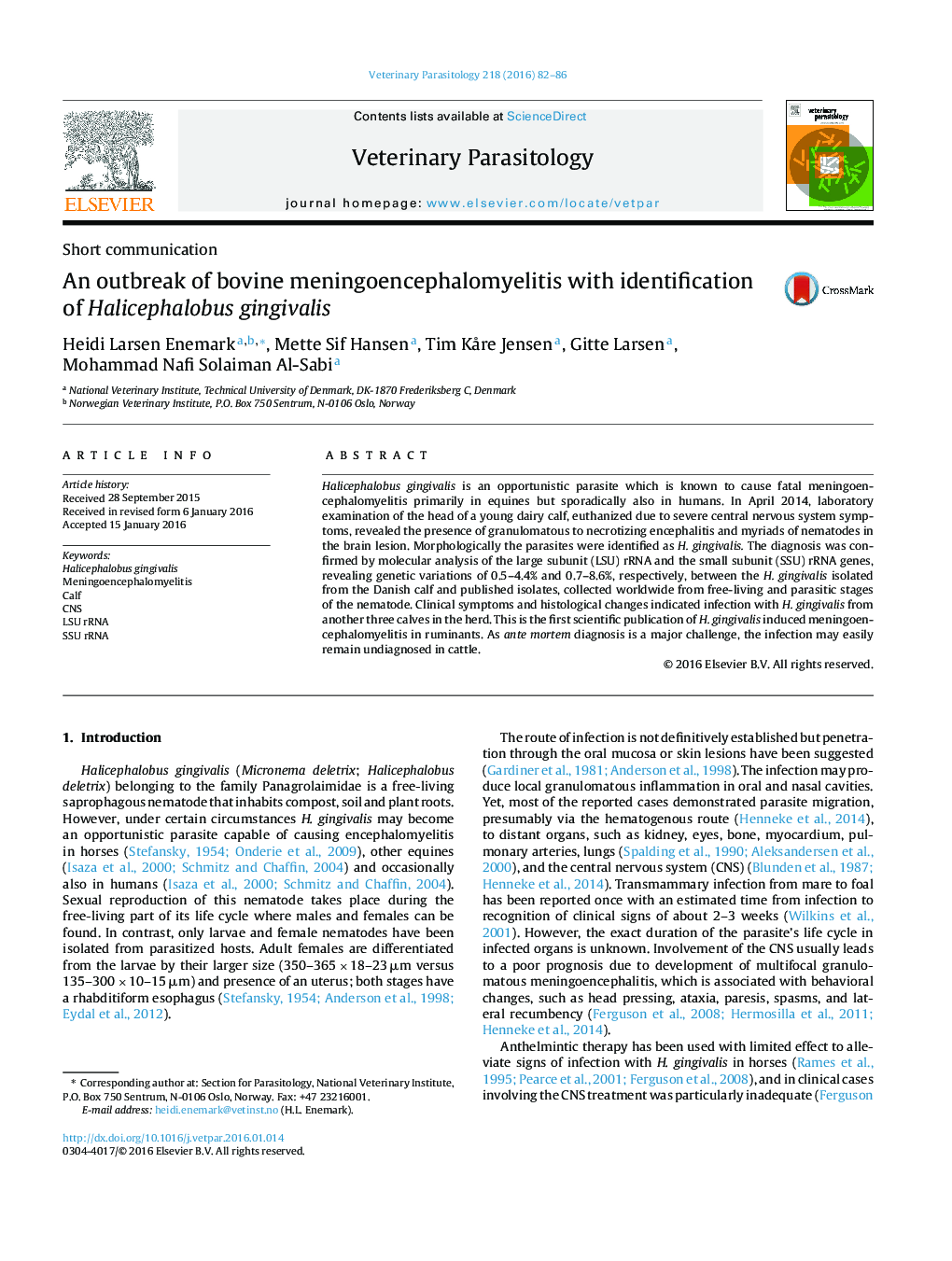 شیوع بیماری گاو meningoencephalomyelitis با شناسایی ژنژیوالیس Halicephalobus