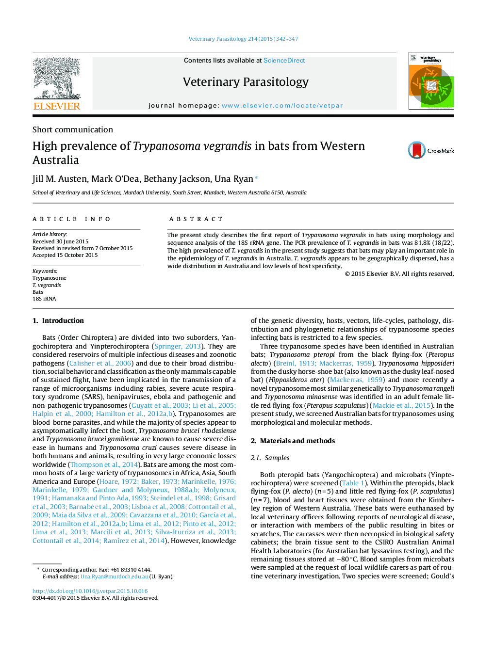 High prevalence of Trypanosoma vegrandis in bats from Western Australia