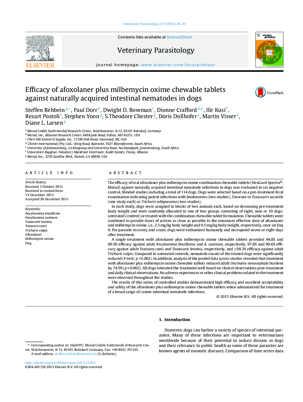 Efficacy of afoxolaner plus milbemycin oxime chewable tablets against naturally acquired intestinal nematodes in dogs