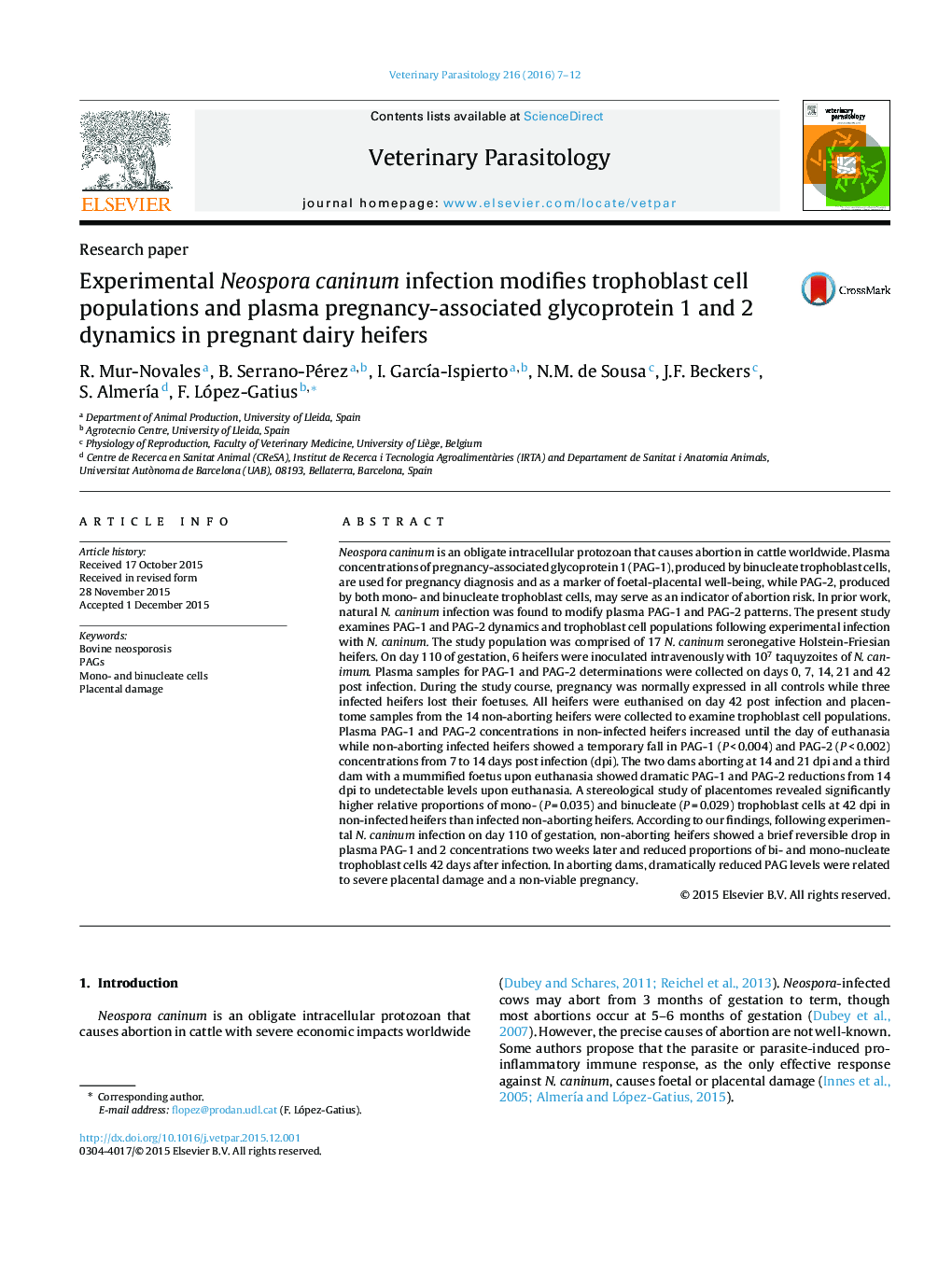 Experimental Neospora caninum infection modifies trophoblast cell populations and plasma pregnancy-associated glycoprotein 1 and 2 dynamics in pregnant dairy heifers