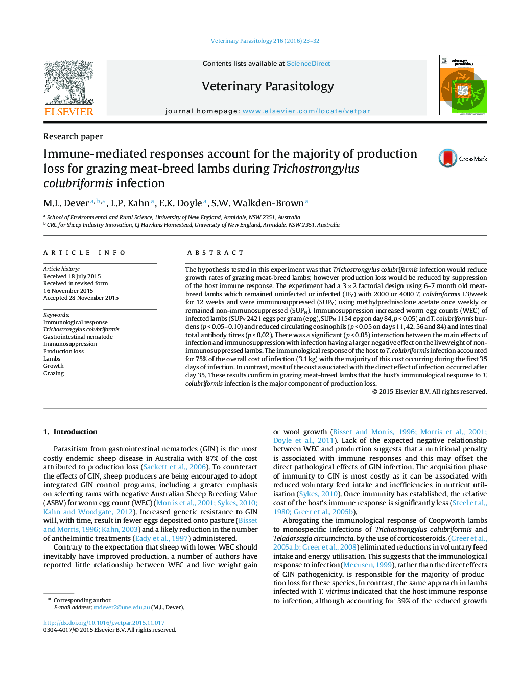 Immune-mediated responses account for the majority of production loss for grazing meat-breed lambs during Trichostrongylus colubriformis infection