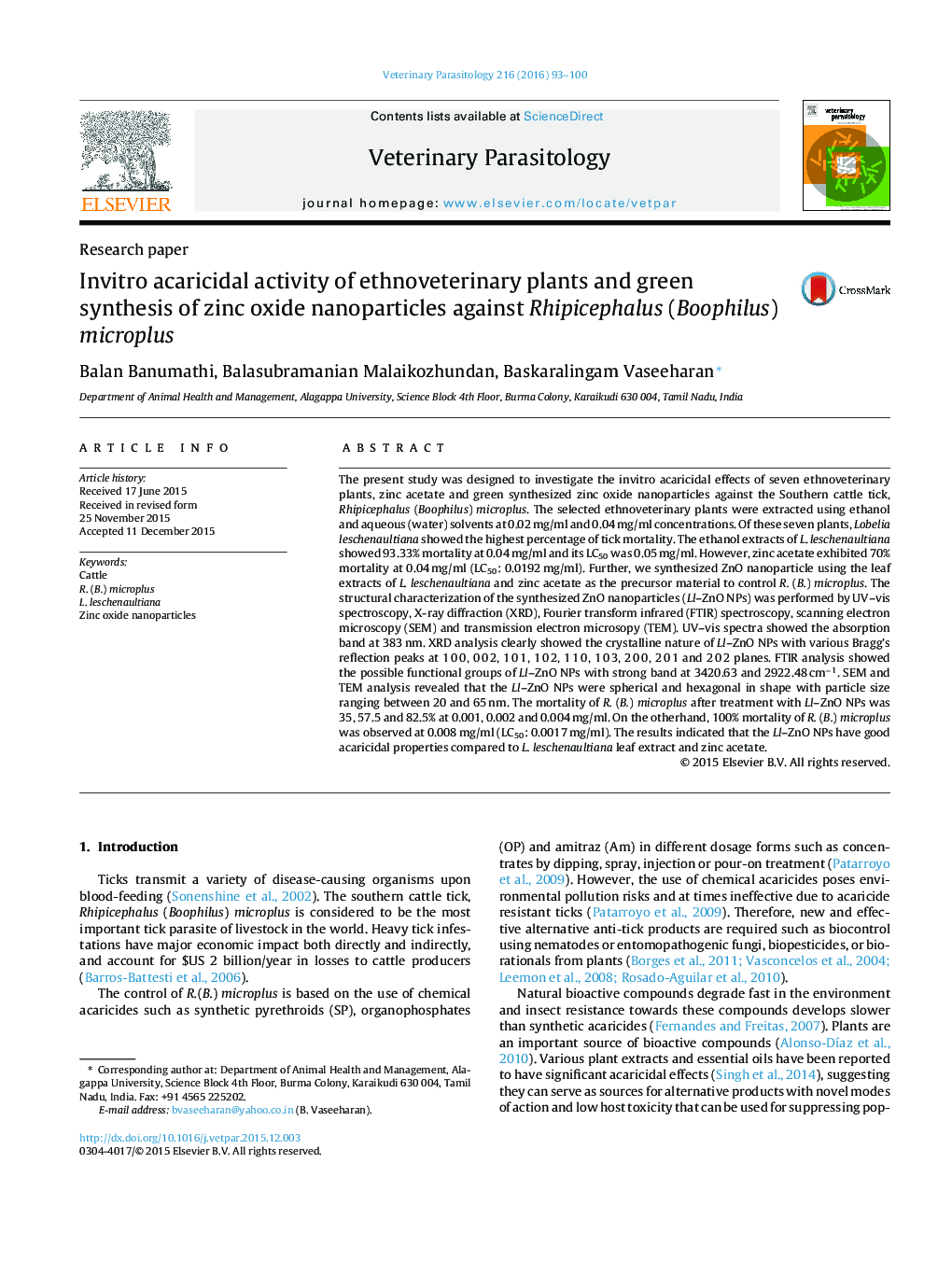 Invitro acaricidal activity of ethnoveterinary plants and green synthesis of zinc oxide nanoparticles against Rhipicephalus (Boophilus) microplus