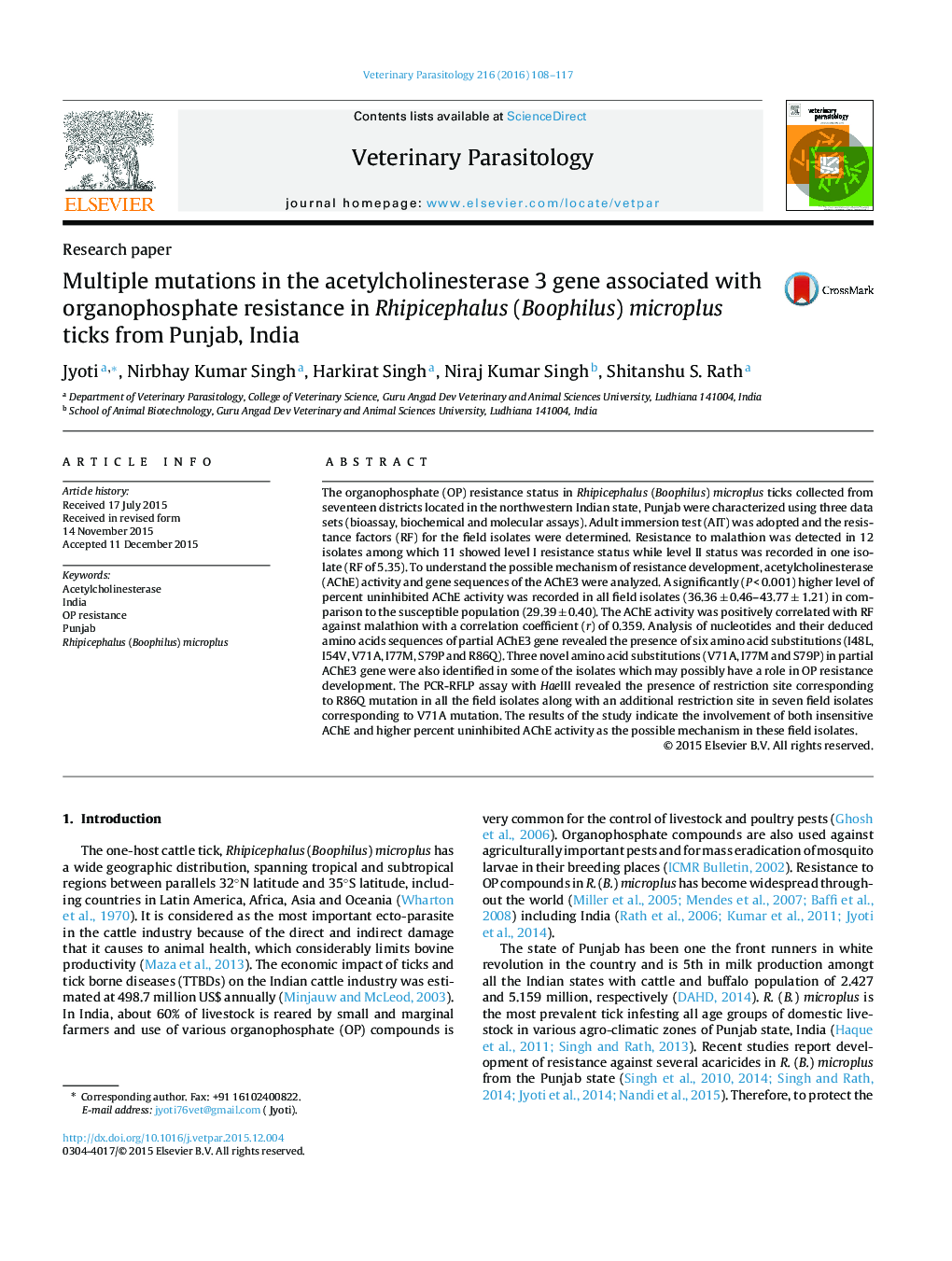 Multiple mutations in the acetylcholinesterase 3 gene associated with organophosphate resistance in Rhipicephalus (Boophilus) microplus ticks from Punjab, India