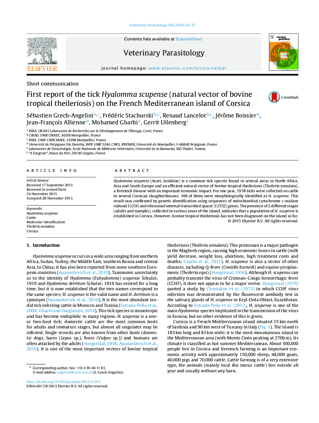 First report of the tick Hyalomma scupense (natural vector of bovine tropical theileriosis) on the French Mediterranean island of Corsica