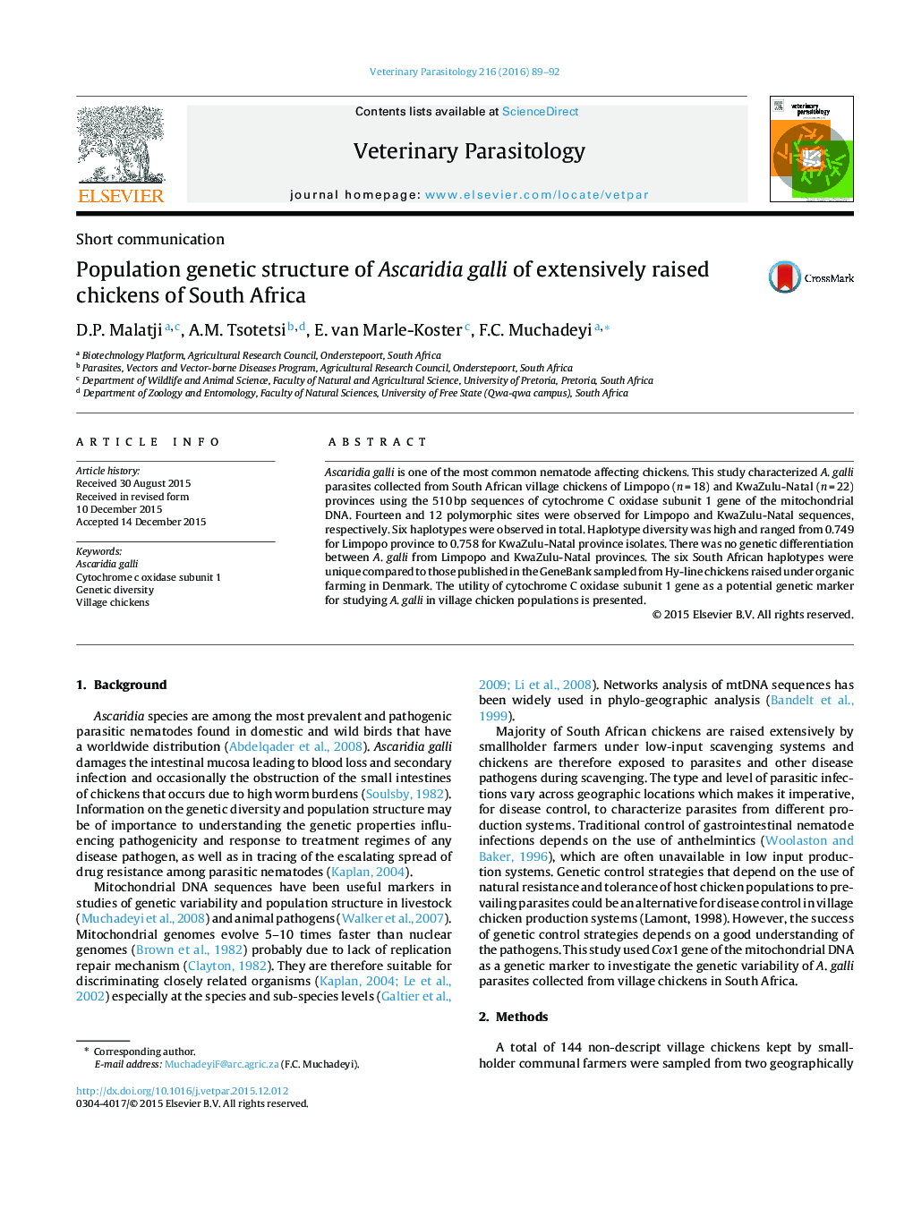 Population genetic structure of Ascaridia galli of extensively raised chickens of South Africa