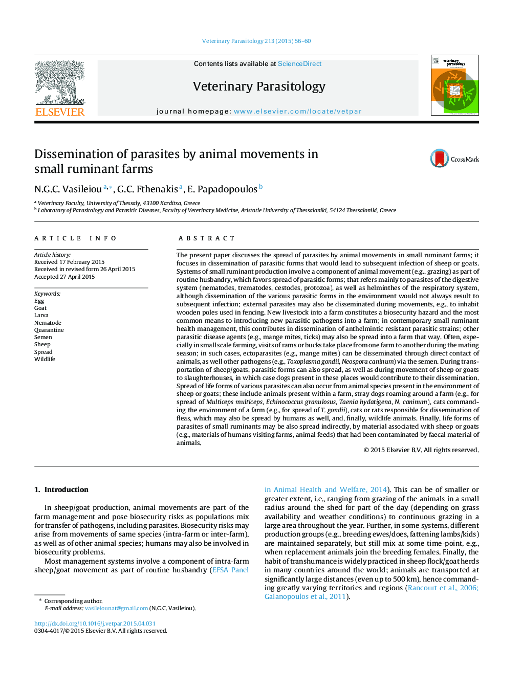 Dissemination of parasites by animal movements in small ruminant farms