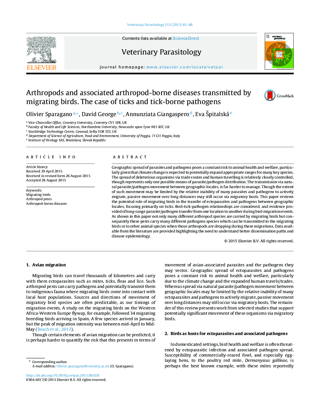 Arthropods and associated arthropod-borne diseases transmitted by migrating birds. The case of ticks and tick-borne pathogens