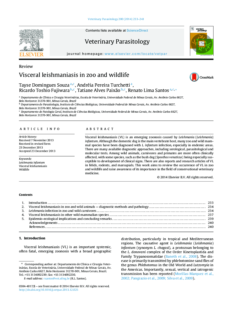 Visceral leishmaniasis in zoo and wildlife