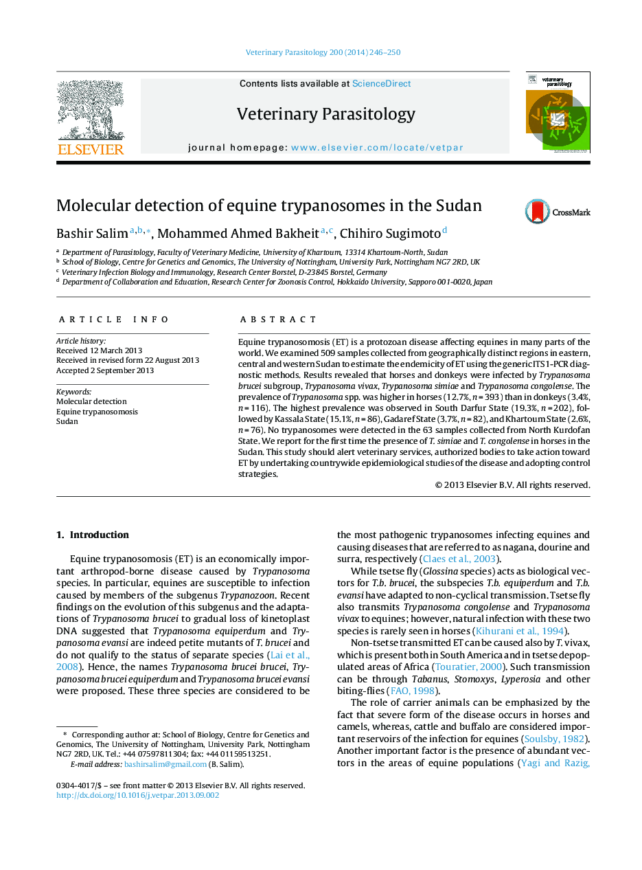 Molecular detection of equine trypanosomes in the Sudan